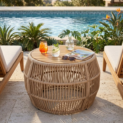 Table d'appoint ronde en bois d'acacia, plateau de finition en teck et structure en corde tressée beige clair, capacité de 68 kg, sans assemblage, résistante aux intempéries, idéale pour terrasse, jardin et salon.