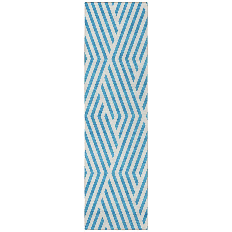 8' Runner Teal and White Geometric Washable Non Skid Indoor Outdoor Runner Rug