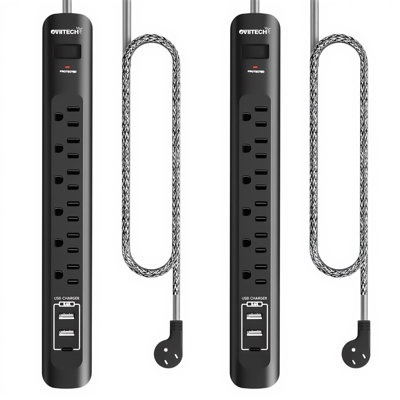2 Pack Power Strip Surge Protector - 5Ft Extension Cord with 6 Outlets with 3USB Ports(1 USB C) Port, 1875W/15A, Flat Plug, Wall Mount Desk Charging Station for Home Office, Dorm Room