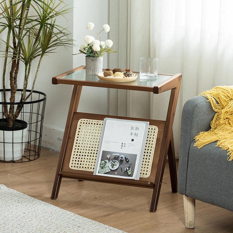 Table de chevet en rotin et bambou Boho avec plateau en verre et rangement, brun | Idée de cadeau
