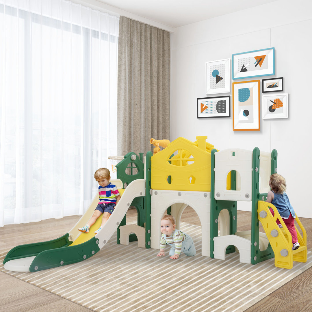 Kids Slide Playset With Climber, Toddlers Freestanding Castle With Basketball, Storage Area, Tunnel For Indoors And Outdoors, Gift For Children ningbolubikejiyouxiangongsi 