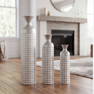 Ensemble de 3 vases en métal argenté rétro, vases emboîtés semi-artisanaux emboîtés, grands centres de table décoratifs pour le salon, le foyer, le vestibule, non imperméable