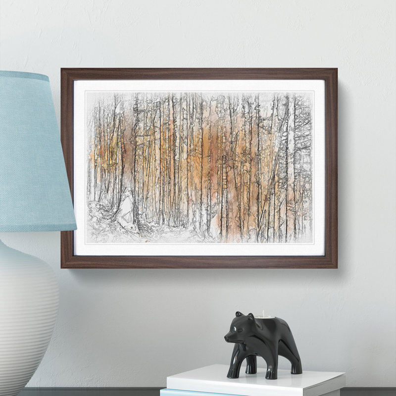 Sunny Forest in Switzerland Sketch - Picture Frame Graphic Art Print, Walnut Framed, 45cm H x 63cm W x 2cm D