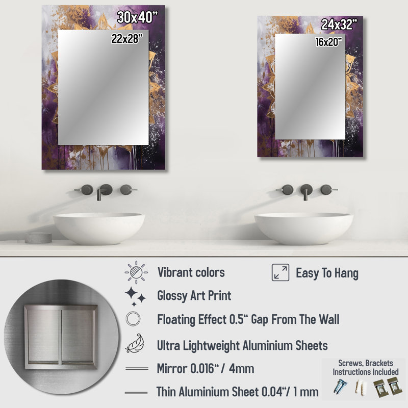 Mauve et or Mandala II - miroir mandala boho, miroir mural traditionnel unique, impression d'art en métal, 40 po x 30 po