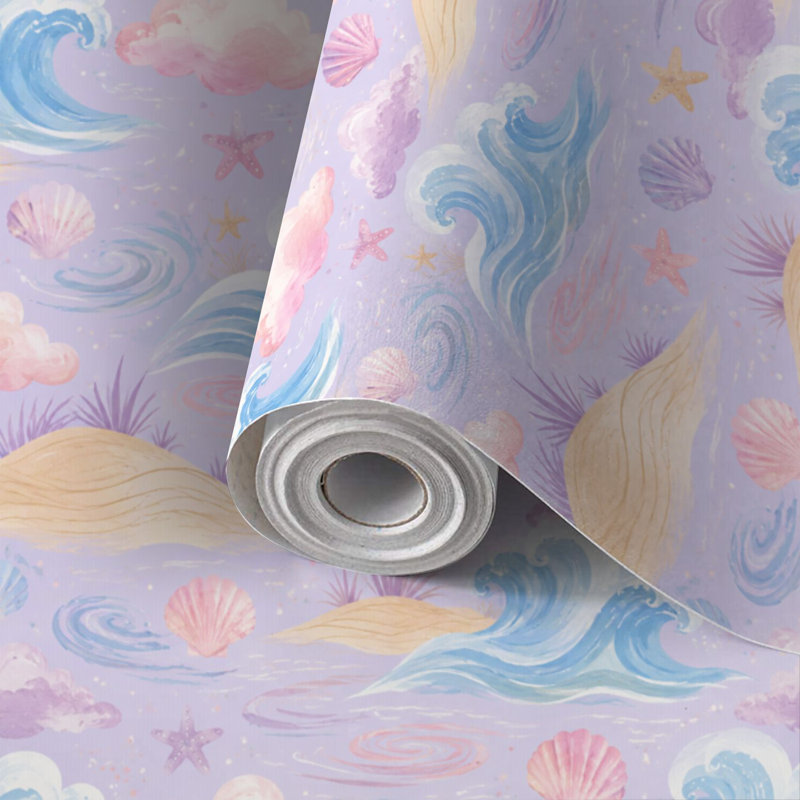 Papier peint adhésif tropical avec papier de couleur pastel, rose pastel, bleu, mauve, bleu, moelleux, plage de nuages