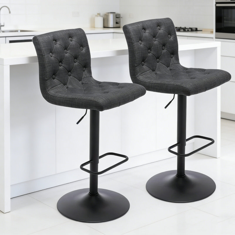 Tufted Fabric Bar Stools Set of 2, Adjustable Swivel Counter Height Barstools with Back, Upholstered Armless Airlift Bar Chairs for Kitchen Dining Cafe