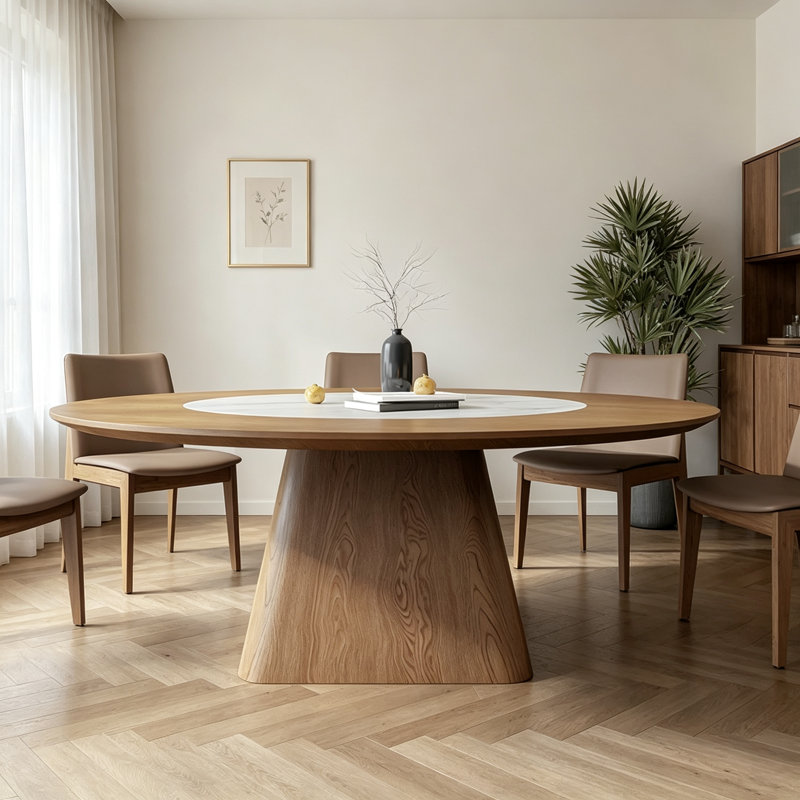 Ensembles de table de salle à manger ronds simples en bois brun, 29.5" H x 53.15" W x 53.15" D, 7 pièces : table, 6 chaises