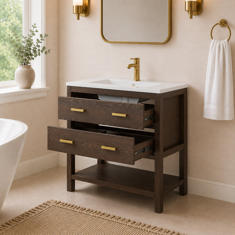Meuble-lavabo simple 37 po en noyer avec surface en composite Aastha, 37"