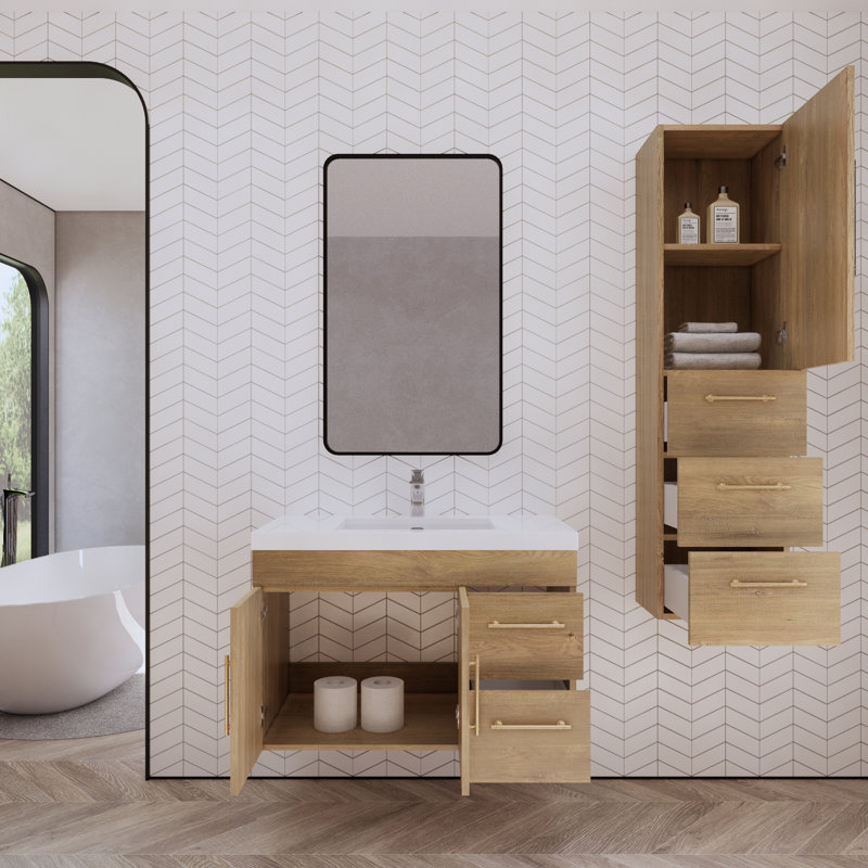 Blandon 35.43'' Single Bathroom Vanity with Acrylic Top, Oak