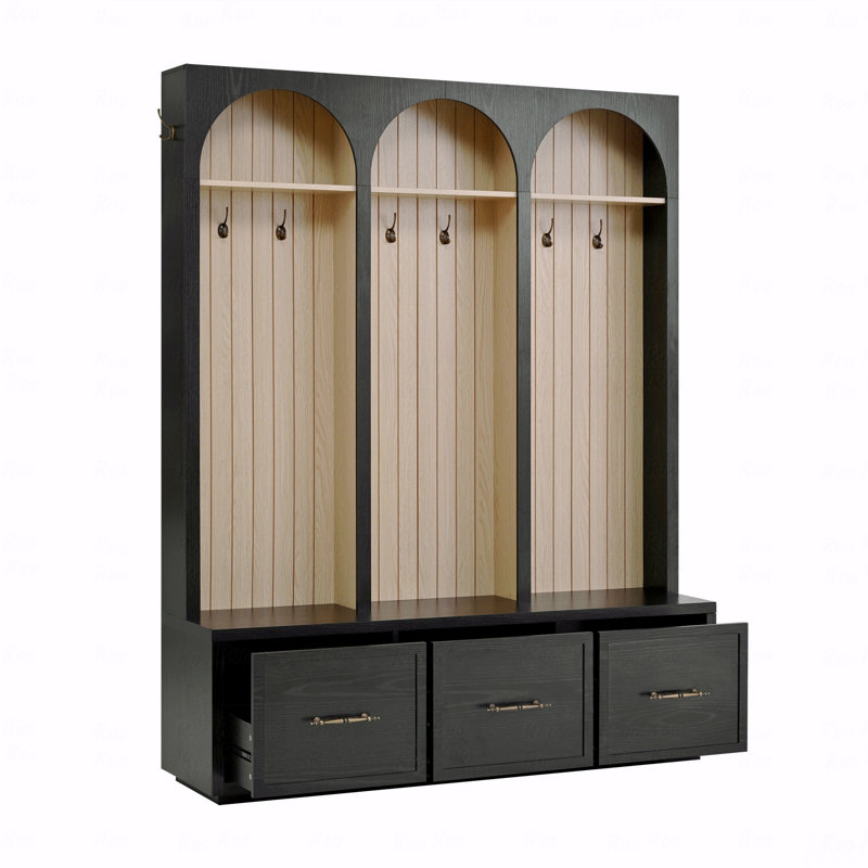Black Farmhouse Hall Tree with Arched Design, 3 Drawers & 8 Hooks, Black