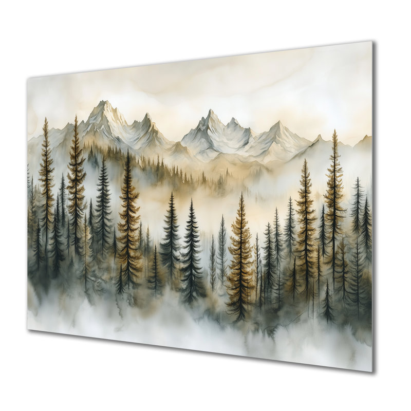 Forêt dorée et montagnes - Décoration murale en métal représentant des pins, H 16 po x l 32 po
