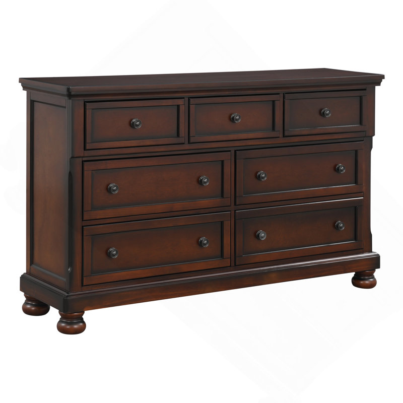 Commode classique transitionnelle à 7 tiroirs en placage de bouleau brun avec placage de bouleau caché