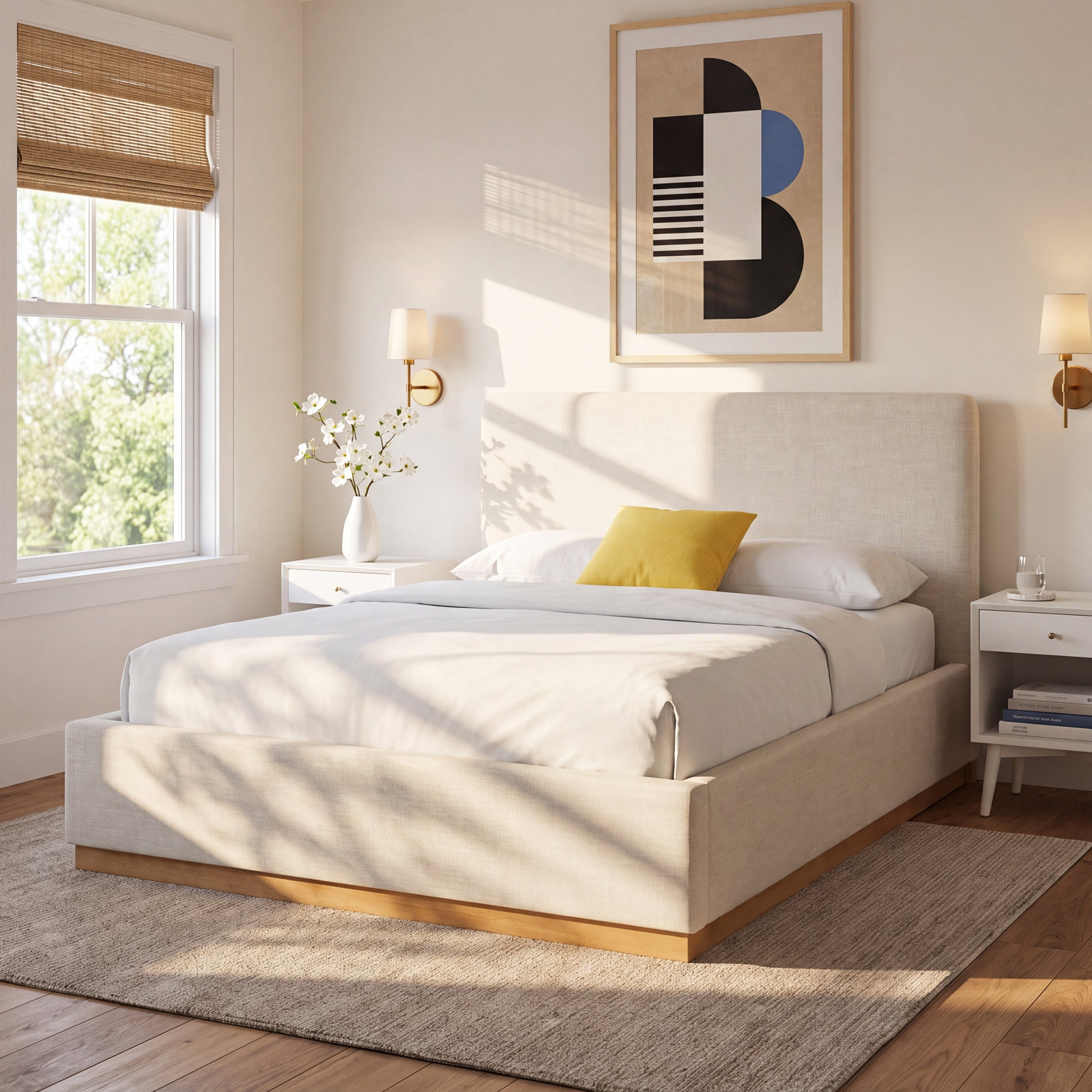 Delpha Upholstered Oak Bed, King, Effie Linen Performance Linen