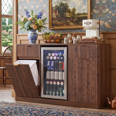 59 Inch Coffee Bar Cabinet with Mini Fridge Space Tilt Out Trash Cabinet Charging Station Glass Holder Buffet Sideboard