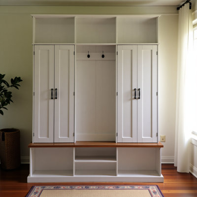 Arbre d'entrée 62,2 po avec banc, 3 casiers supérieurs et un espace de rangement inférieur, portemanteau de ferme avec crochets et armoires pour le vestibule, le couloir, le vestibule, le salon