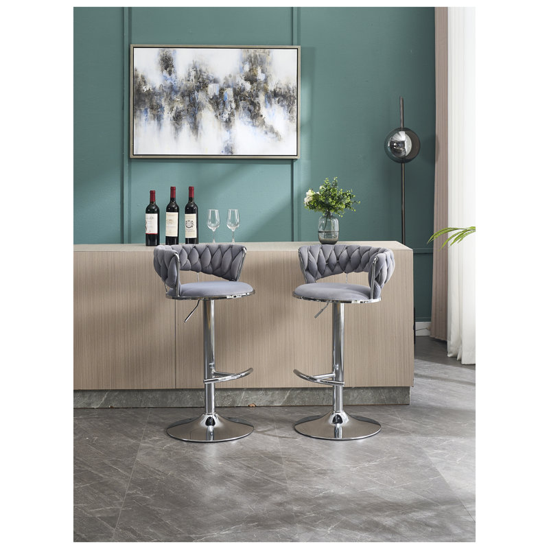 Ensemble de 2 tabourets de bar, avec repose-pieds chromé et base pivotante en velours à levage mécanique réglable + tabouret de bar simple à pieds chromés - Gris