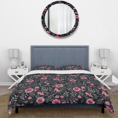Black Pink Flower Floral Wreath II - Traditional Duvet Cover Set