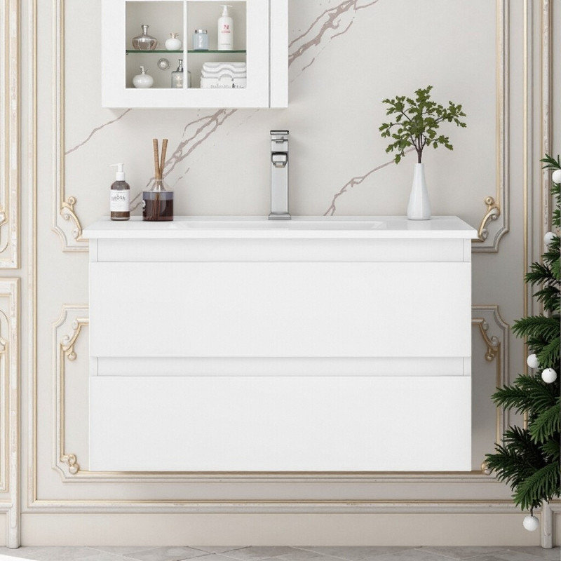 Meuble-lavabo mural Seren de 81 cm (32 pouces) en bois massif avec lavabo en céramique, double tiroir et système de fermeture amortie