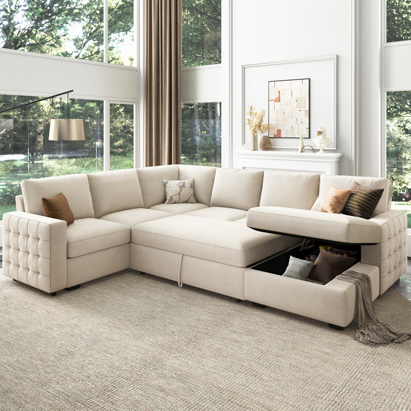 Hildur U-Shaped Sectional Sofa Bed Pull Out Sleeper Couch With Storage Chaise, Beige Velvet