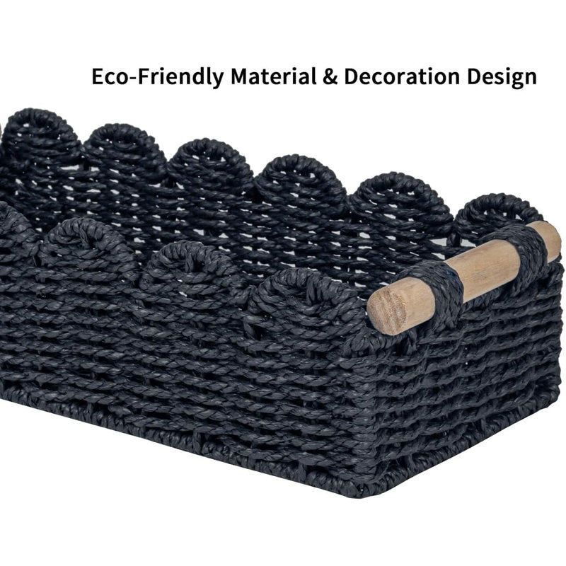 Set Of 2 Small Black Scalloped Edge Paper Rope Baskets