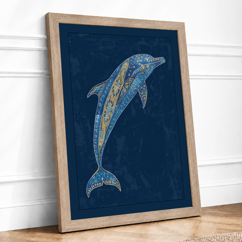Leaping Dolphin Coastal - Framed Print, A4 - 29.7 x 21.0 cm, Oak