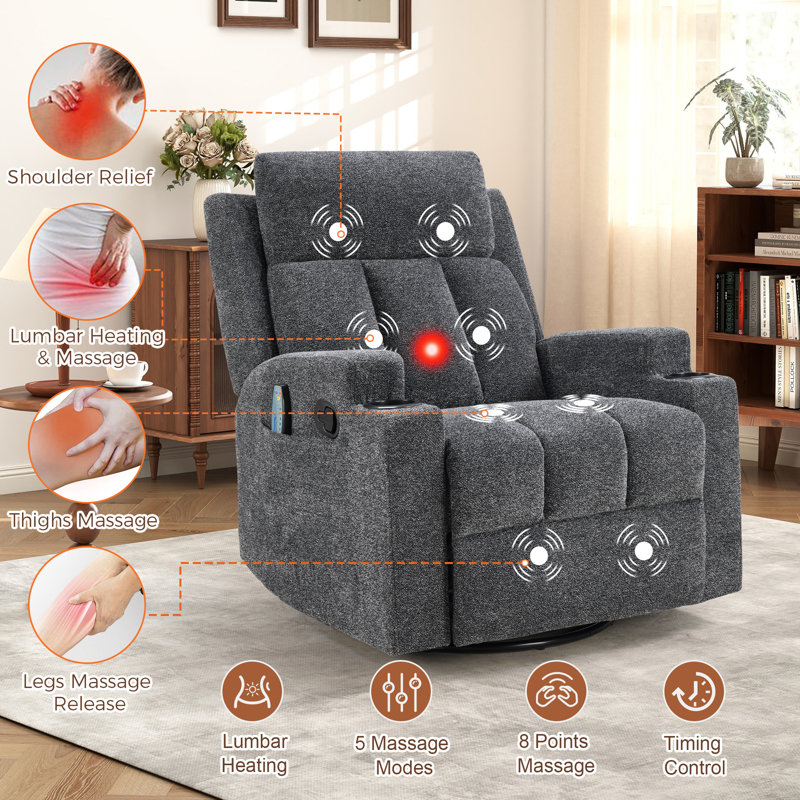 33" Wide Massage Swivel Glider Recliner with Heat Function & Cup Holders, Dark Gray