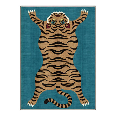 Tayviona Machine Washable Tiger Teal / Tan Area Rug With Non-Slip Backing