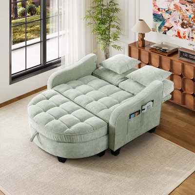 Modern Convertible 2-seater Sofa Bed With Storage Ottoman, Reclining Backrest, And Side Pocket Armrest