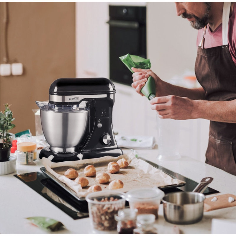 Batteur sur socle électrique Geek Chef 4,8 pte à 12 vitesses avec crochet, fouet, batteur et bol, Noir