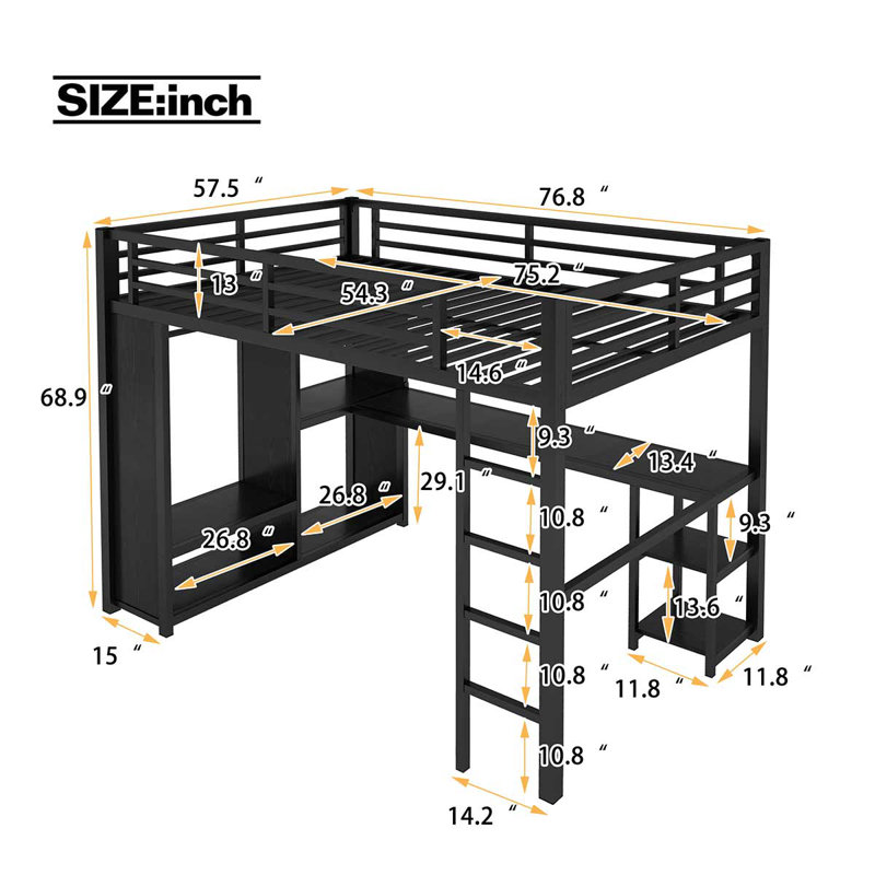 Structure de lit mezzanine avec garde-robe intégrée, lit mezzanine en métal avec bureau, Lit double