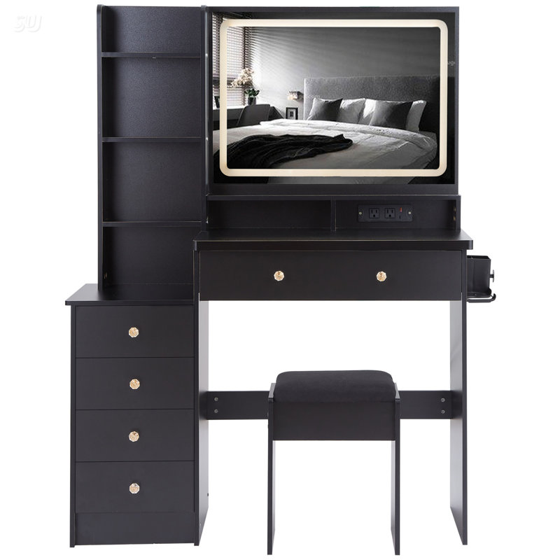 41 Inch Large Vanity Table Set With LED Mirror, Power Station, And Padded Stool For Enhanced Beauty Routine, Black