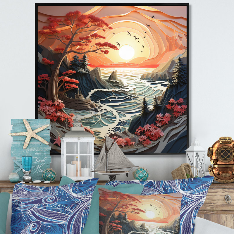 Coastal Tranquillity Papercut I - Nautical & Beach Canvas Prints, Cadre flottant noir, H 24 po x l 24 po x P 1 po