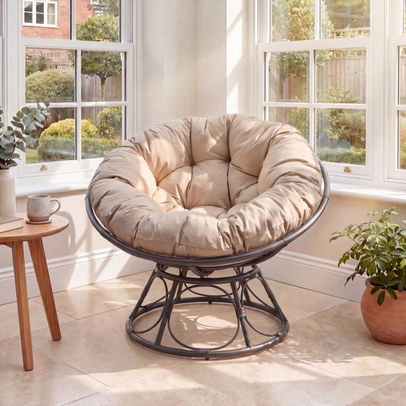 Upholstered Swivel Papasan Chair, Khaki Polyester, Grey