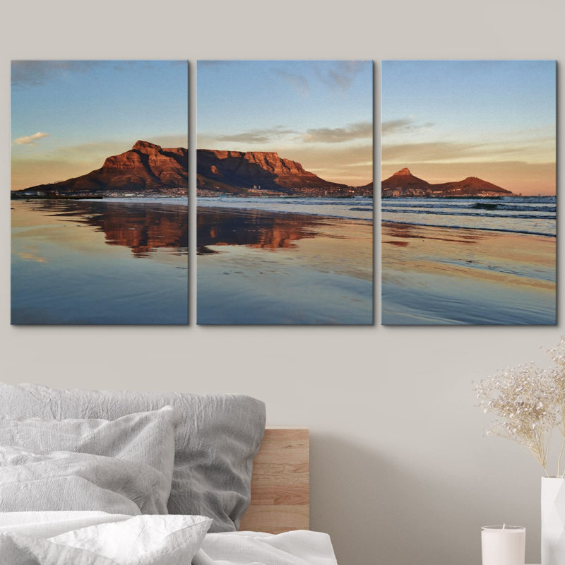 Paysage au Cap et montagne de la table au lever du soleil, photo murale décorative moderne, Toile tendue, H 36 po x l 72 po