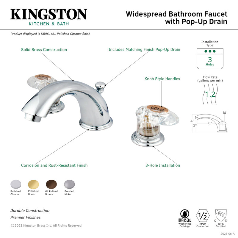Kingston Brass Magellan Two-Handle 3-Hole Deck Mount Widespread Bathroom Faucet with Retail Pop-Up Drain, Polished Brass