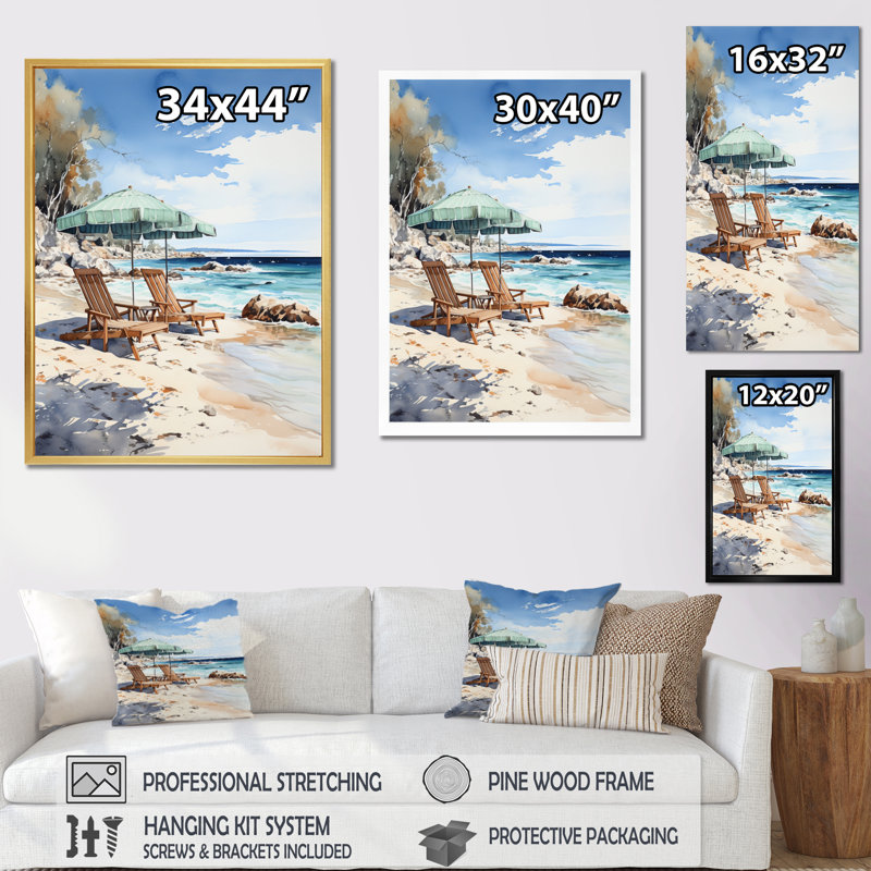«Beach Chairs Scenery I», reproduction sur toile, H 32 po x l 16 po x P 1 po, Cadre flottant noir
