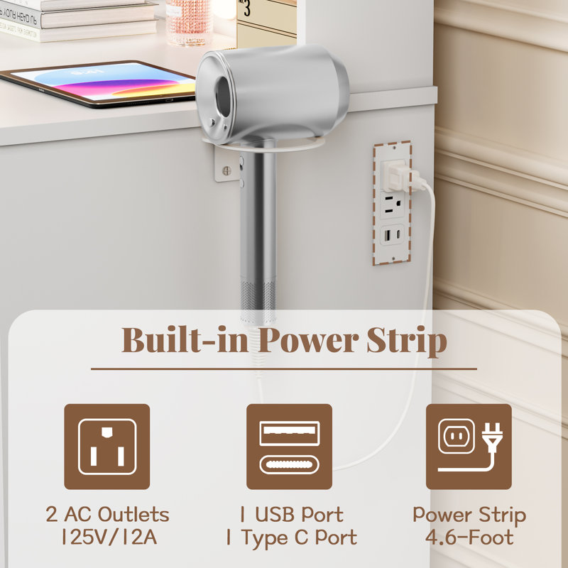 39.3" W Manufactured Wood Vanity Set with LED Mirror and Charging Station, White