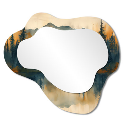 Rustic Irregular Accent Mirror – Green Yellow Sunrise Fog in the Forest I, Printed on Metal