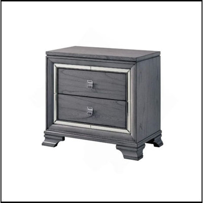 Table de chevet 2 tiroirs en bois avec bordure miroir, gris clair
