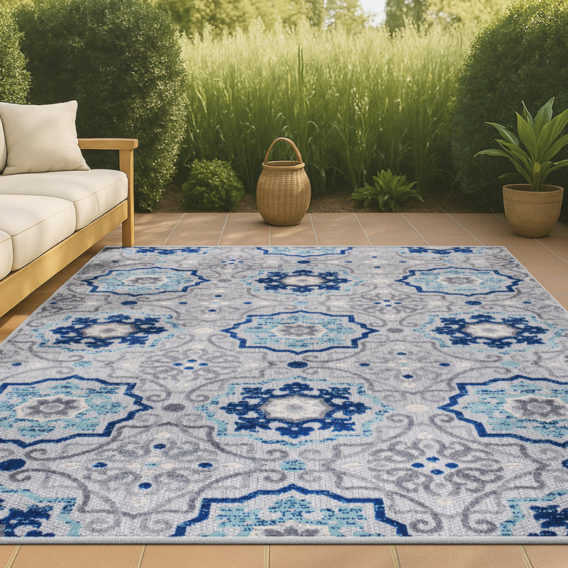 Leto Medallion Blue/Gray Indoor/Outdoor Rug, Rectangle 8'8" X 12'