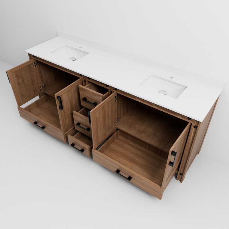84 po Meuble-lavabo double rustique avec comptoir en quartz blanc - bois massif, fonction de fermeture en douceur, grattage et teinture, 2 armoires et 5 tiroirs pour rangement avec cadre en bois P 22 po, mécanisme, salle de bain