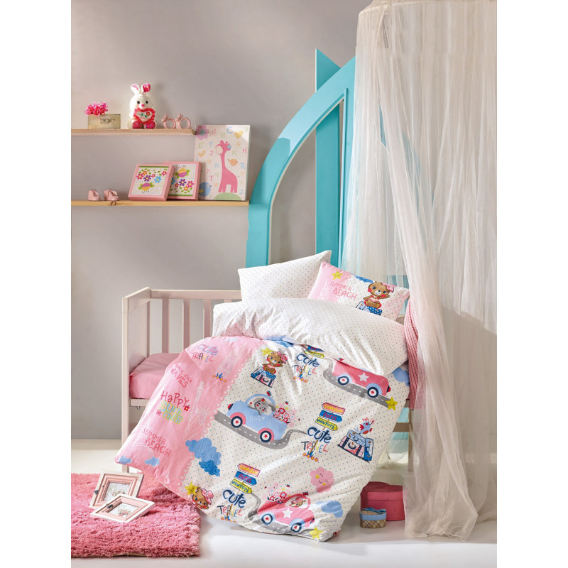 Ensemble de housse de couette 100% coton rose / bleu / blanc Jonty