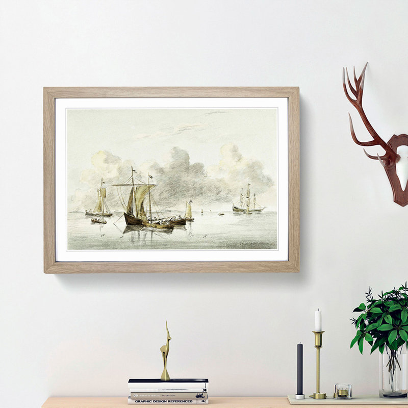 Sailing Ships by Jean Bernard - Picture Frame Painting Print, 48cm H x 65cm W x 2cm D, Oak Framed