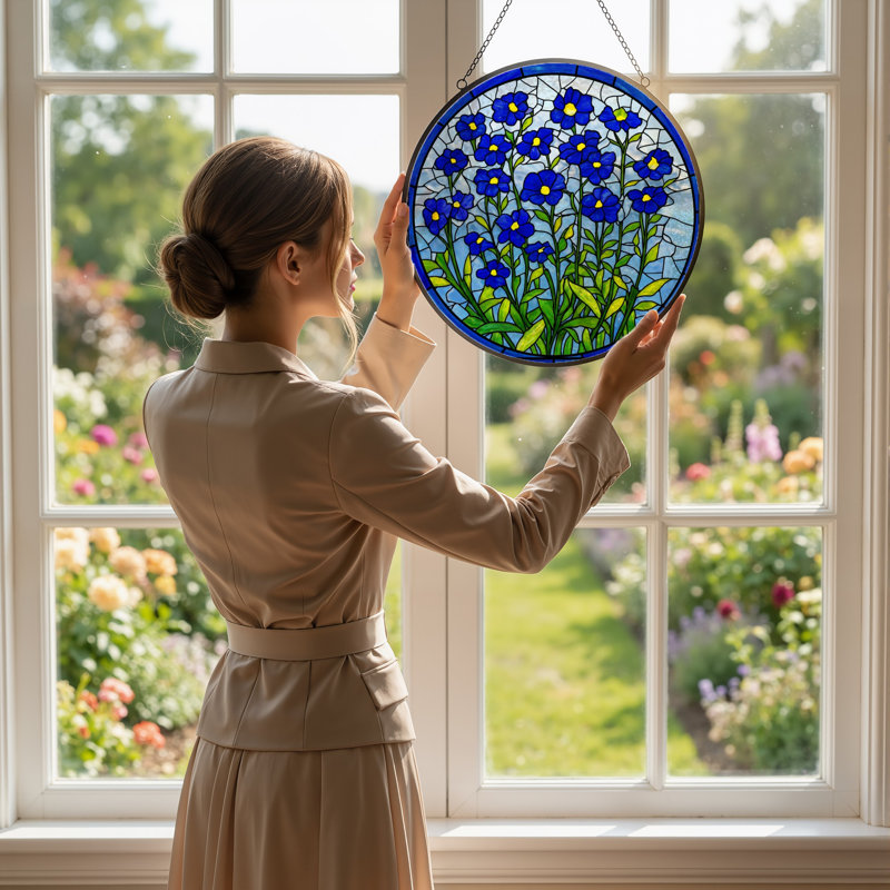 Vitrail à vitrail fleurs bleues 12 "H