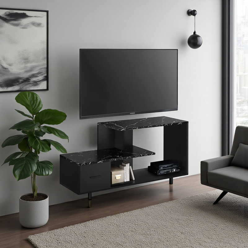 Meuble télé 48 po avec plateau en faux marbre noir Teagan, l 47,07 po x P 15,56 po x H 23,74 po, Black