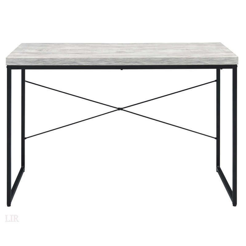 Bureau en chêne patiné et noir patiné avec base en métal, spacieux et durable pour un bureau à domicile moderne, Brun
