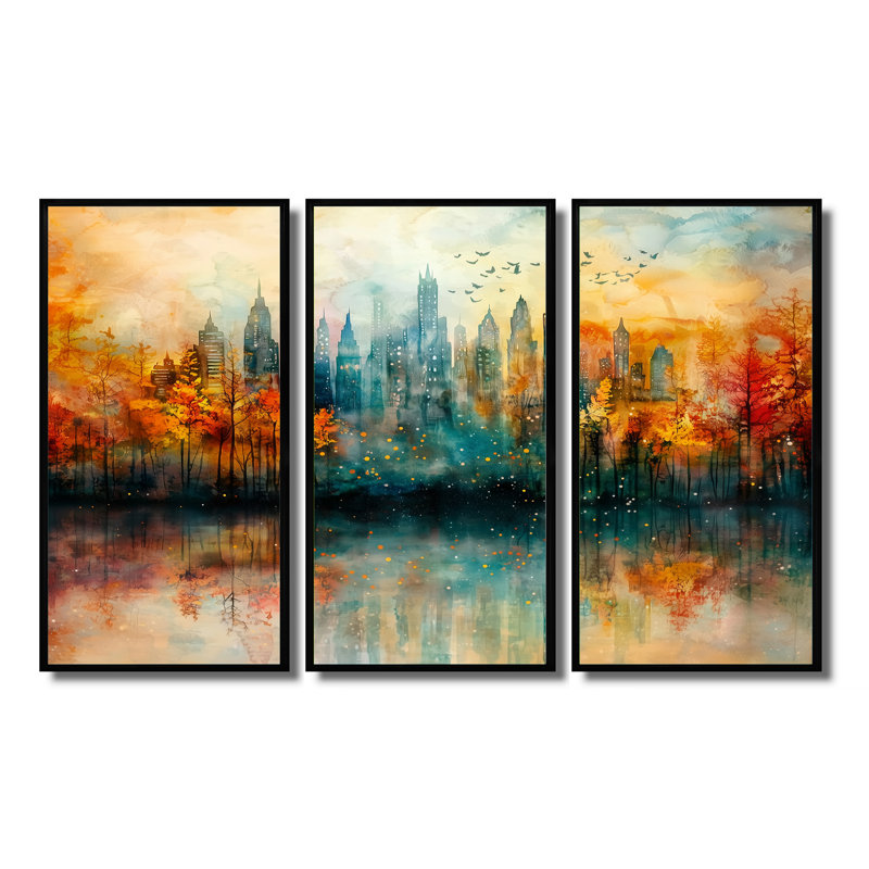 «Modern Evolve New York City Cityscape II», ensemble d'art abstrait mural transitionnel moderne, Noir, Floater Framed Print