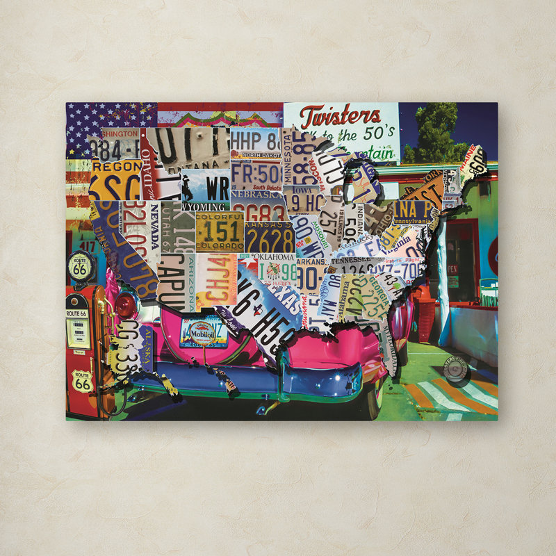 « usa license plaqué map route 66 », impression sur toile, H 14 po x l 19 po x P 2 po