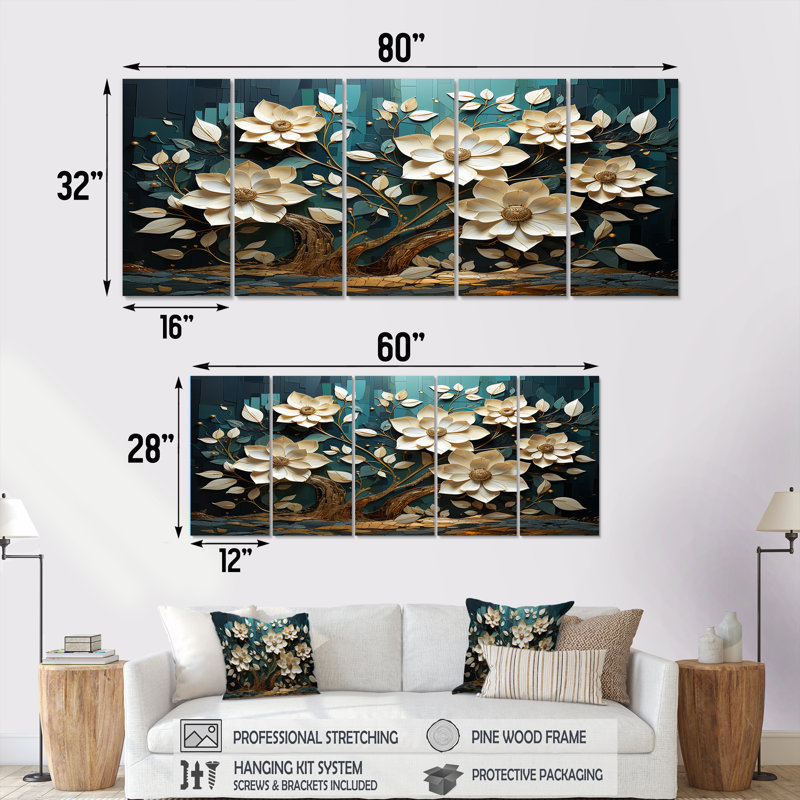 Ensemble de 5 pièces d'art mural blanc et bleu, H 28 po x l 60 po