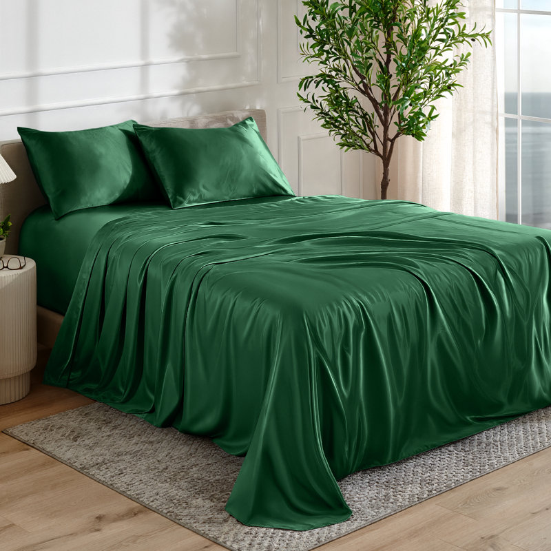 Ensemble de literie en satin, Ensemble de draps pour grand lit avec 2 taies d'or, Vert forêt